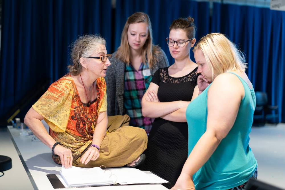 Prof. Libman discusses the script with four student actors in the rehearsal room